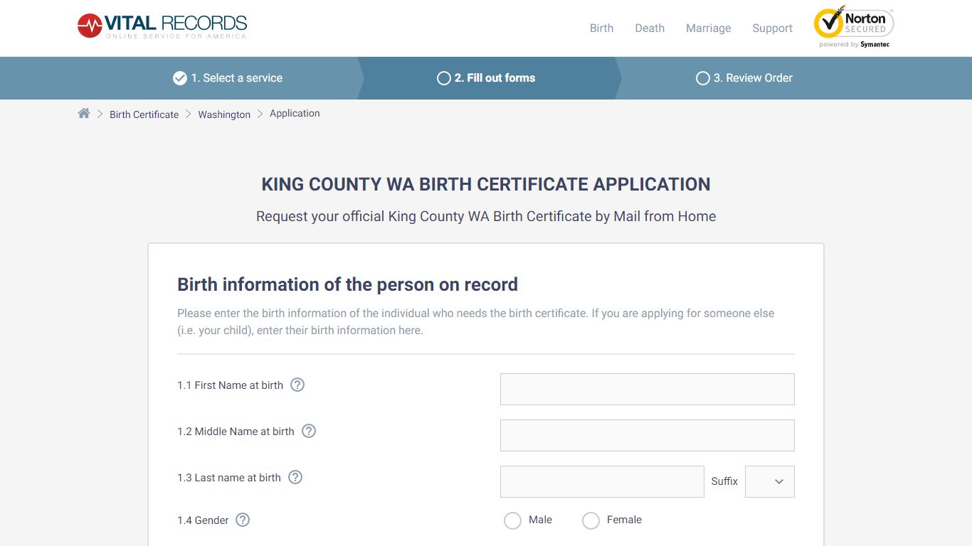 King County WA Birth Certificate Application - Vital Records Online